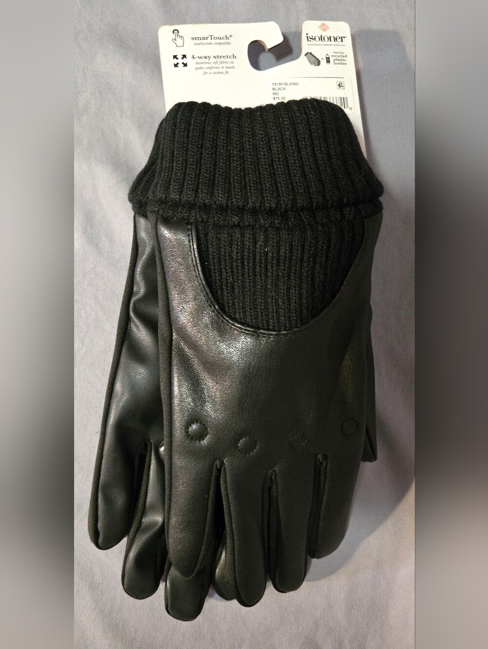 NEW Isotoner Black Leather Driving Gloves w/Smart Touch Tech & Knit Cuff SIZE- M